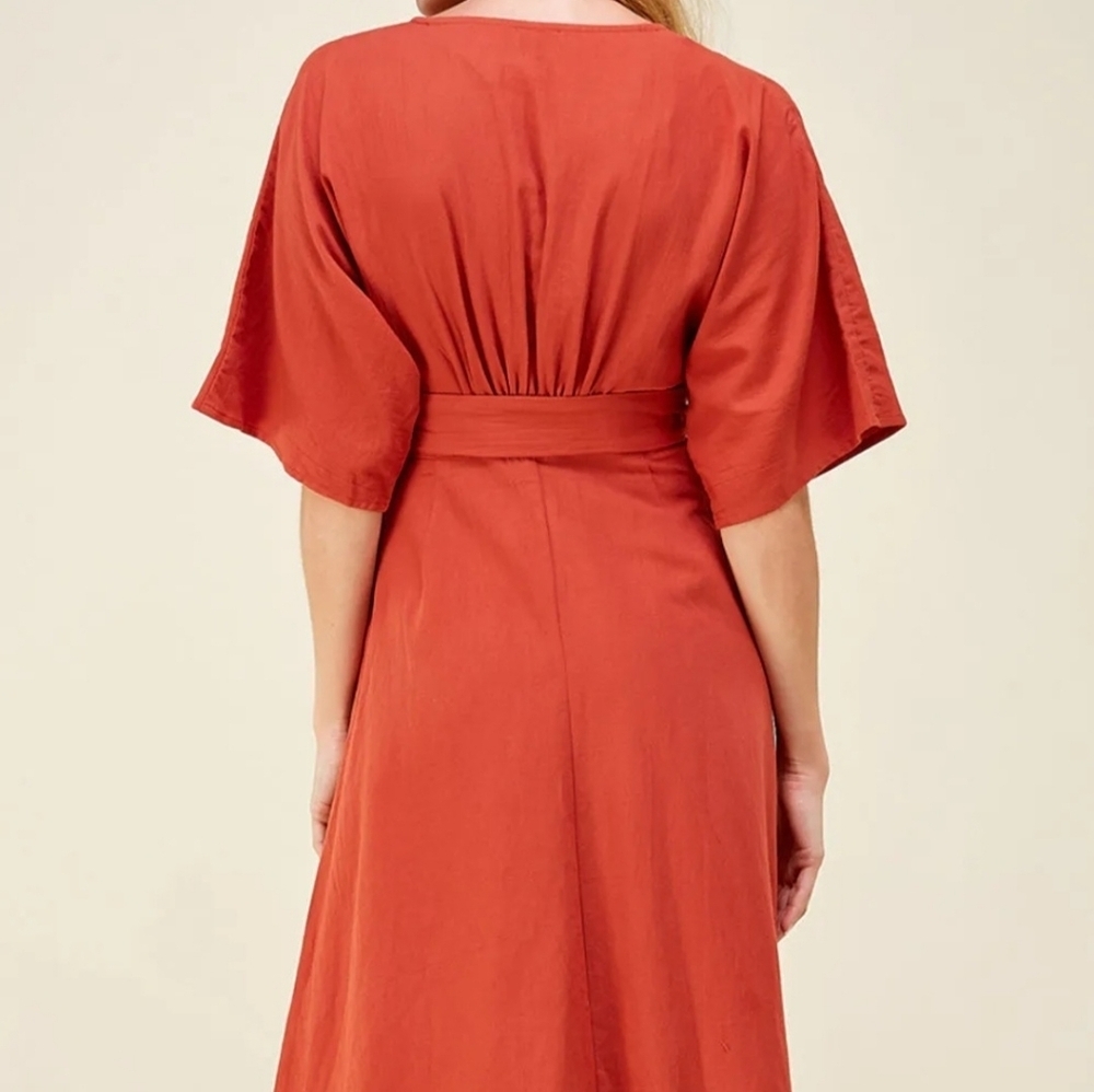 Tie Front Belted Midi Dress Button Down Deep V-Neck S/M/L Rust Orange - Picture 3 of 6